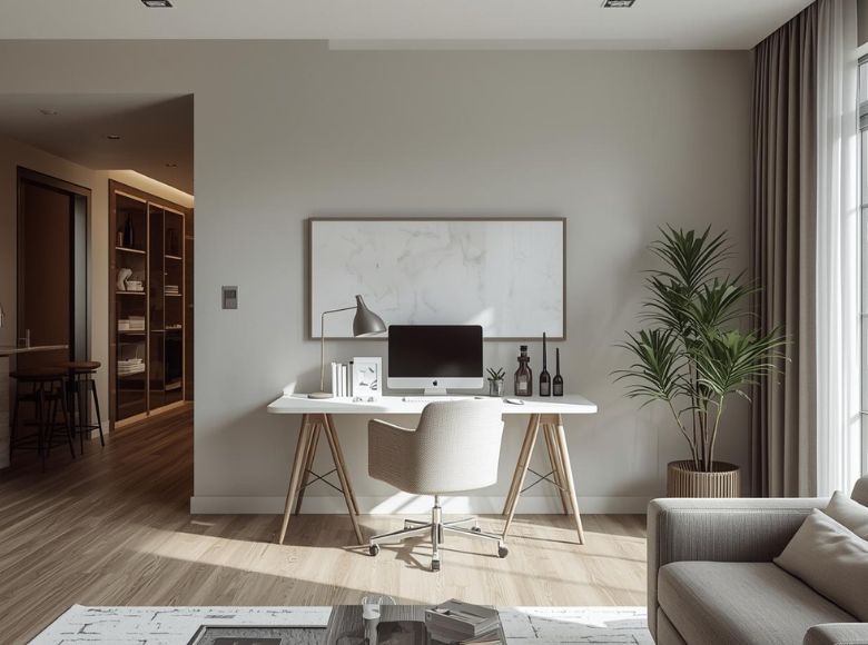 Radni kutak u dnevnoj sobi sa modernim stolom i stolicom, postavljen u otvorenom prostoru blizu prolaza, sa prirodnim svetlom.