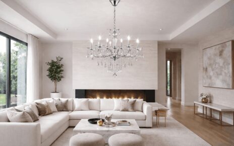 Klasični kristalni luster sa srebrnim detaljima kao moderna, a klasična rasveta u enterijeru