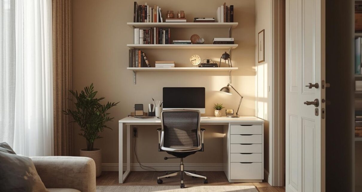 Radni kutak u malom stanu sa zatvorenim fiokama i zidnim policama, uredan sto i smiren ambijent za rad od kuće.