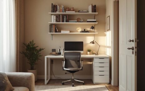 Radni kutak u malom stanu sa zatvorenim fiokama i zidnim policama, uredan sto i smiren ambijent za rad od kuće.