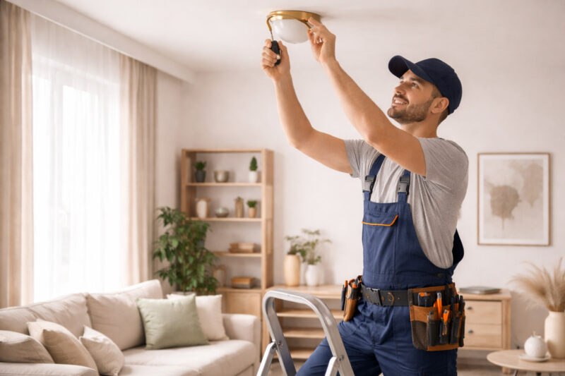 Električar montira plafonsku rasvetu u moderno uređenom dnevnom boravku