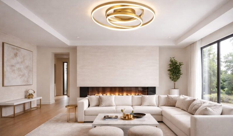 Zlatna LED plafonjera sa tri preklapajuća kružna prstena postavljena u velikom modernom dnevnom boravku sa svetlom ugaonom garniturom i toplim osvetljenjem