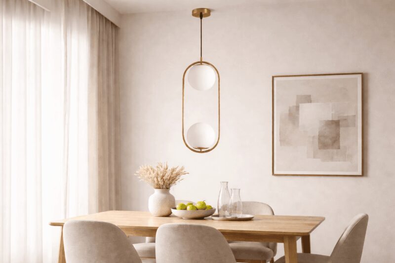Moderna trpezarija sa zlatnom visilicom i dve mat staklene kugle iznad drvenog stola
