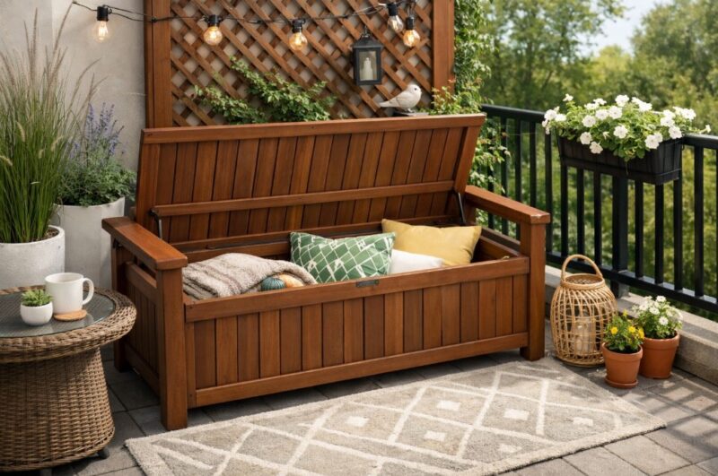 Drvena baštenska klupa sa ugrađenim sandukom za odlaganje, postavljena na maloj terasi sa dekorativnim jastucima, biljkama i ambijentalnim osvetljenjem