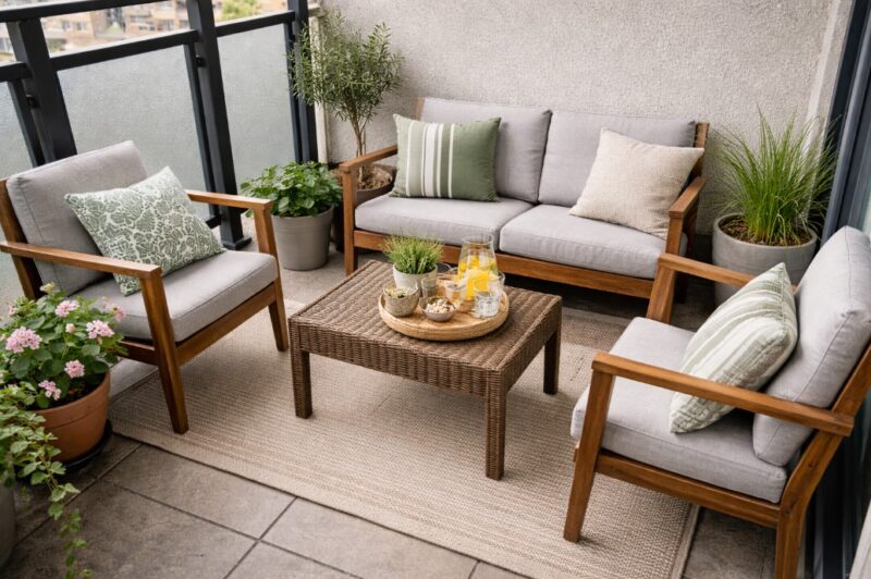 Mala terasa sa klupom i dve stolice sa jastucima i nekoliko biljaka