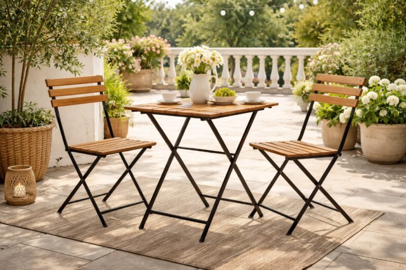 Sklopivi drveni sto i dve stolice postavljeni na uređenoj terasi sa biljkama i dekoracijom