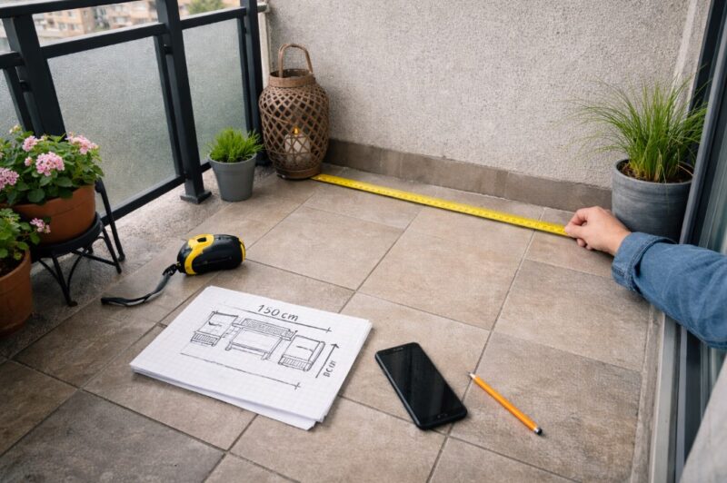 Osoba meri dimenzije malog balkona metrom dok planira raspored baštenske garniture